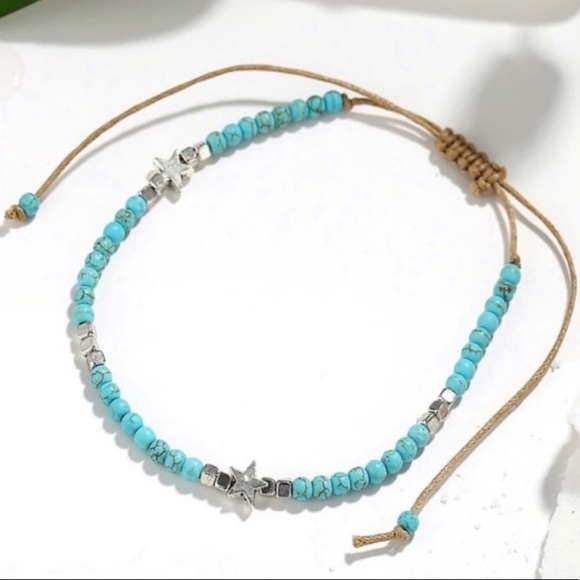 🎁 5/$35 || Turq/Silver Beaded Anklet W/Star Acnts - Picture 6 of 7